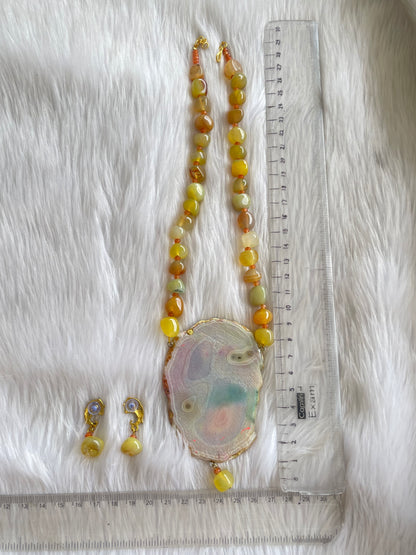 Antique Yellow-Orange Onyx beaded “Om” Hand painted agate pendant necklace set dj-42557