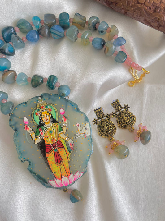 Antique Blue Onyx beaded Maha Lakshmi Hand painted agate pendant necklace set dj-42552
