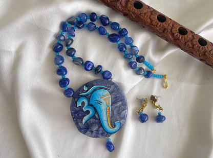 Antique Blue Onyx beaded Ganesha Hand painted agate pendant necklace set dj-42556