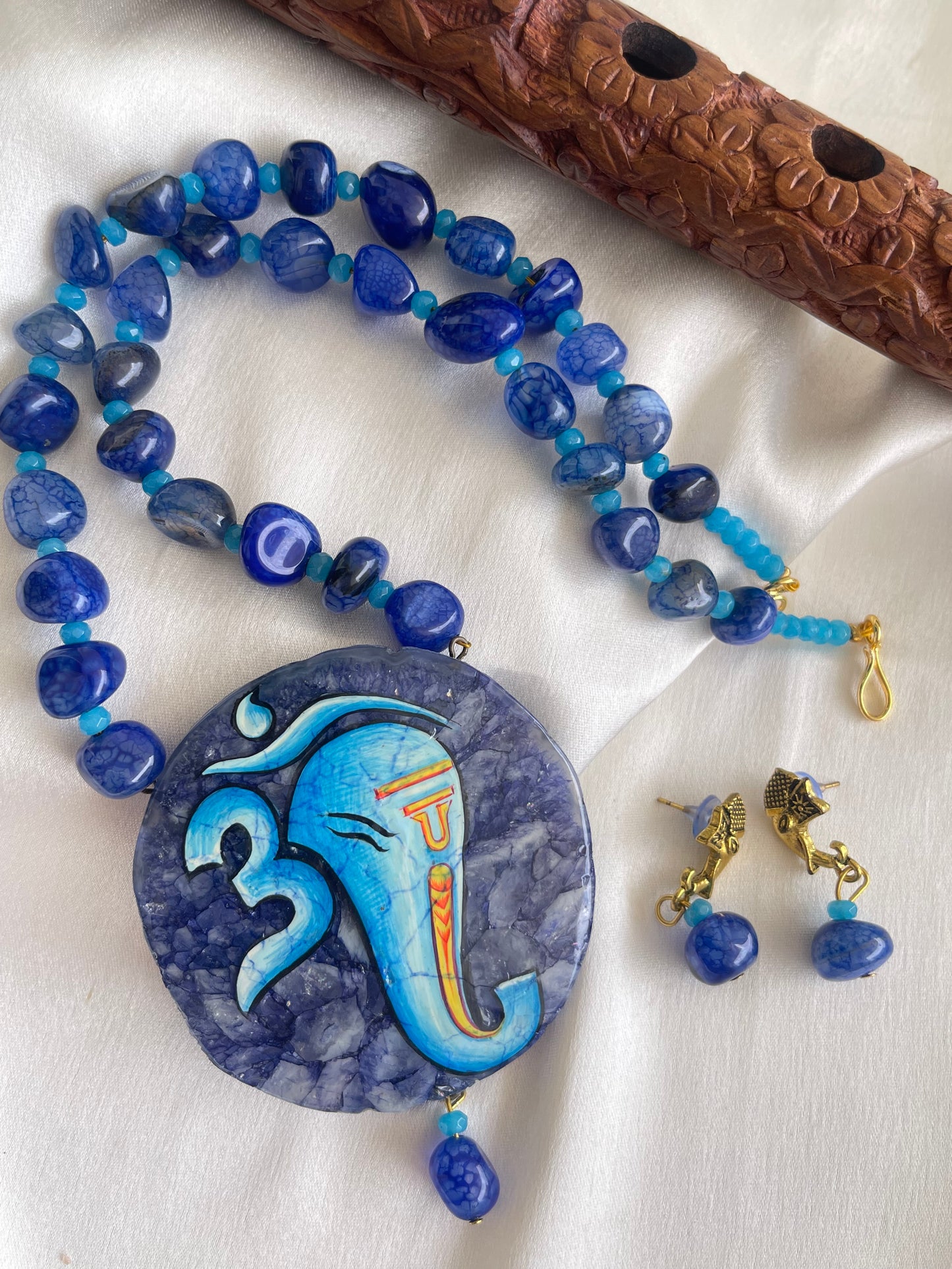 Antique Blue Onyx beaded Ganesha Hand painted agate pendant necklace set dj-42556