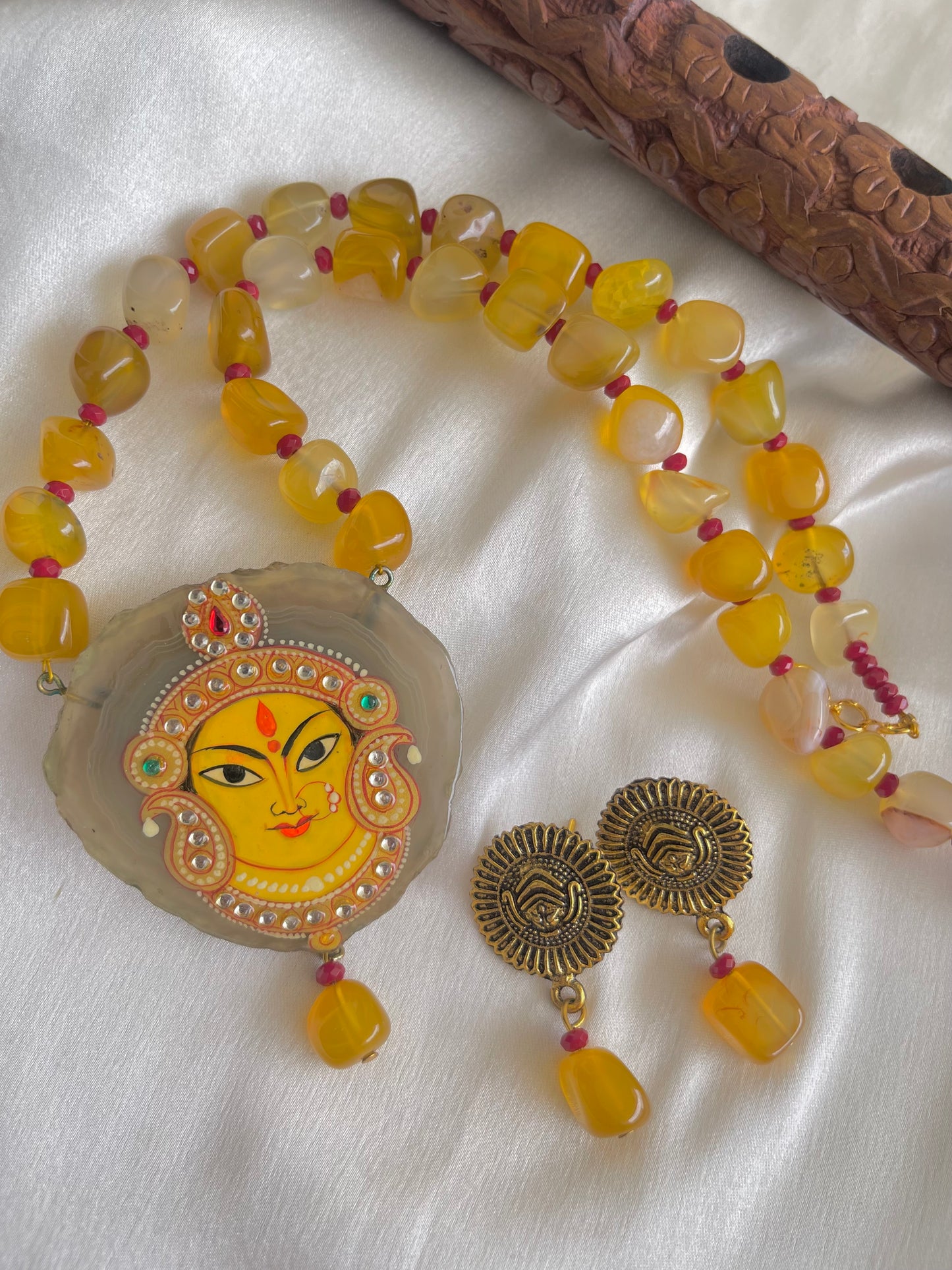 Antique Yellow Onyx beaded Ma Durga Hand painted agate pendant necklace set dj-42541
