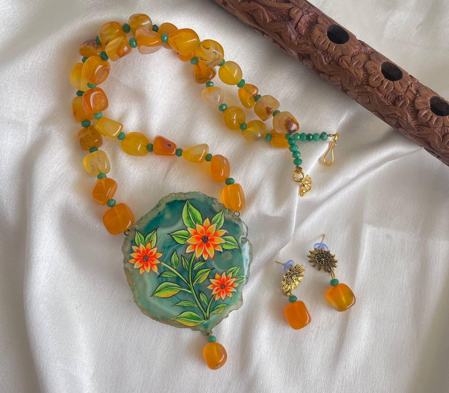 Antique Yellow Onyx beaded Floral Hand painted agate pendant necklace set dj-42555