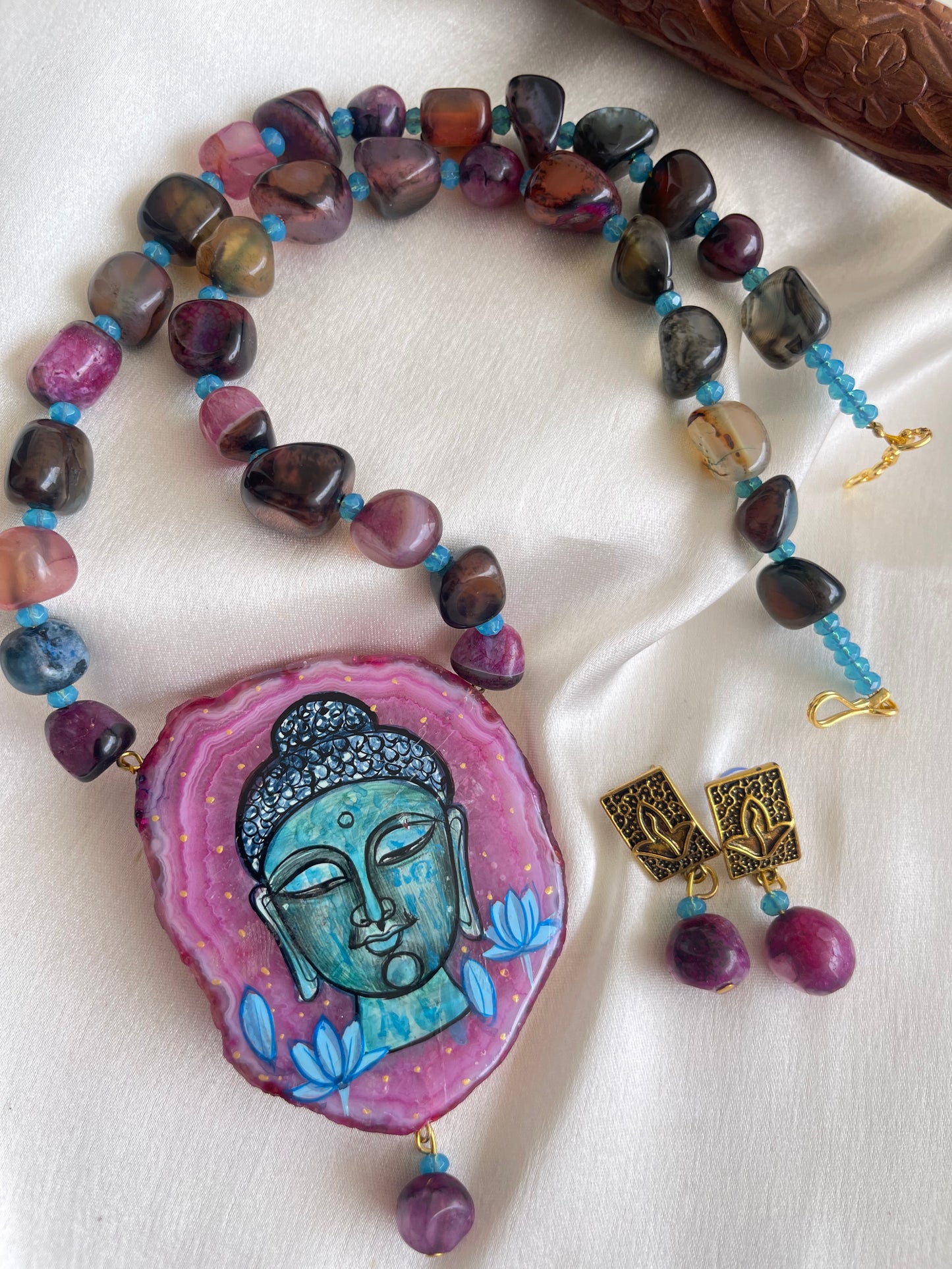 Antique Pink Onyx beaded Buddha Hand painted agate pendant necklace set dj-42554