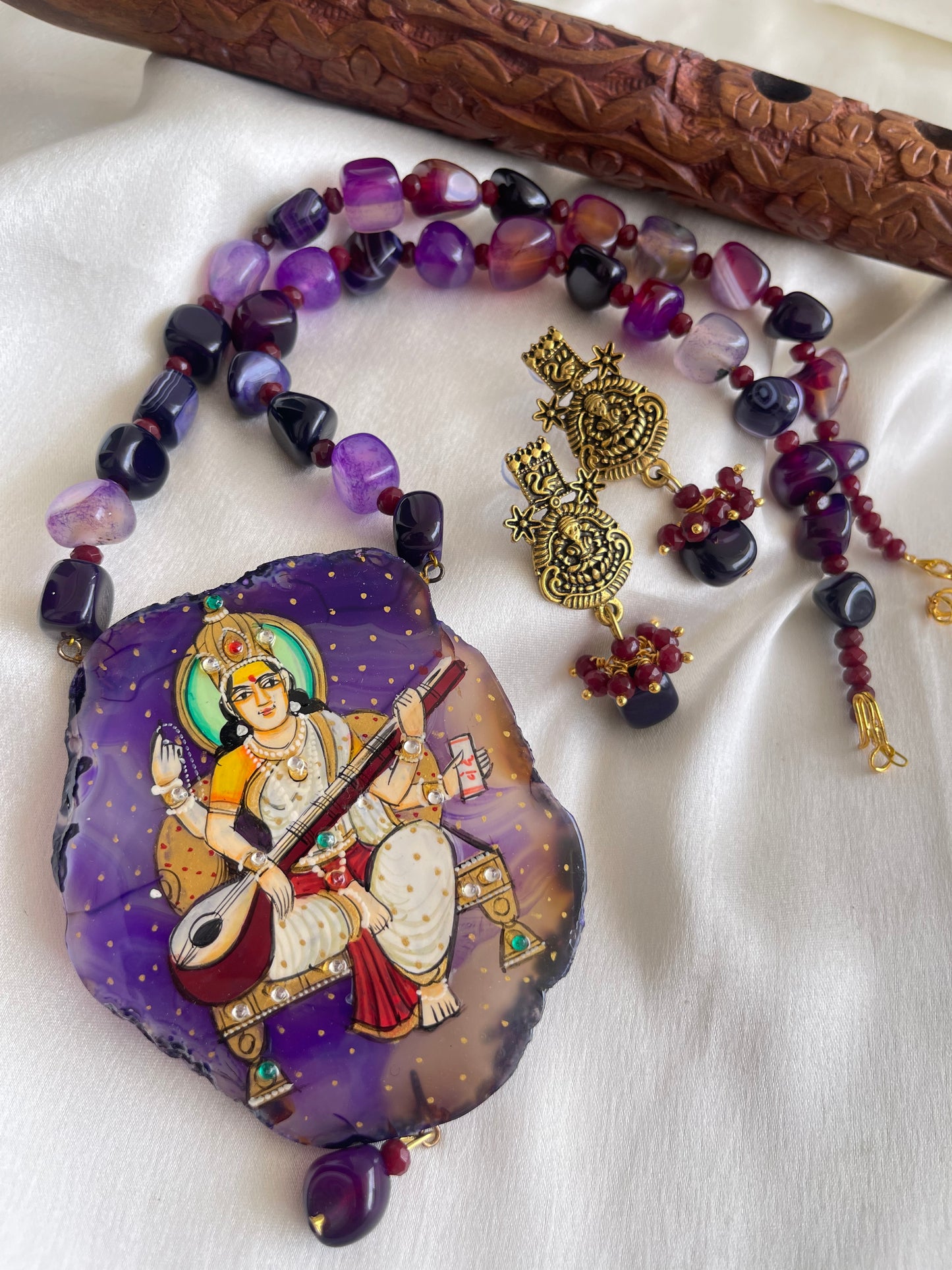 Antique purple Onyx beaded Ma Saraswathi Hand painted agate pendant necklace set dj-42548