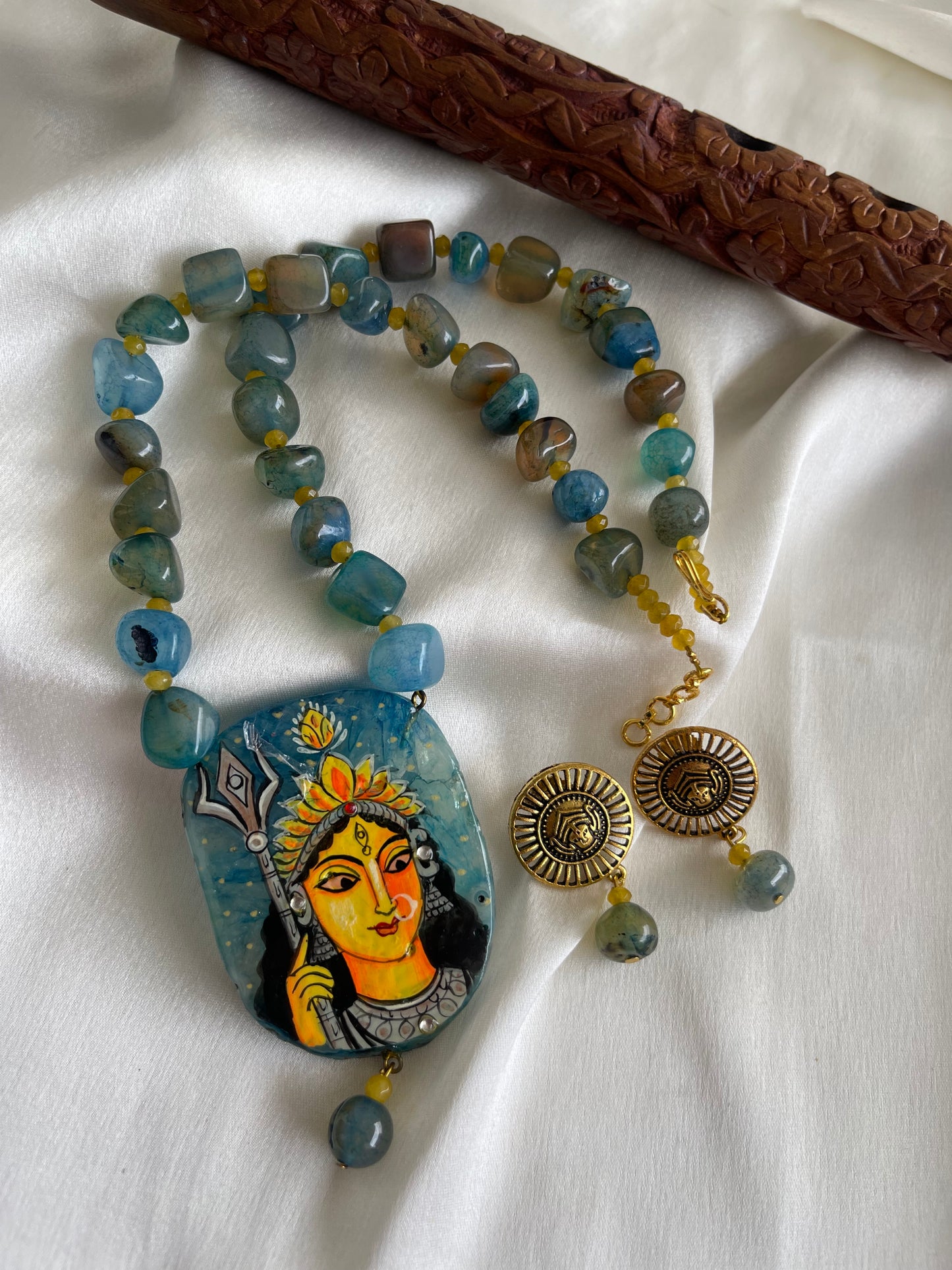 Antique Blue Onyx beaded Ma Durga Hand painted agate pendant necklace set dj-42542