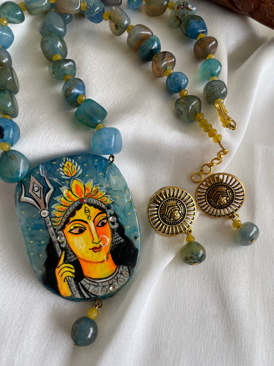 Antique Blue Onyx beaded Ma Durga Hand painted agate pendant necklace set dj-42542