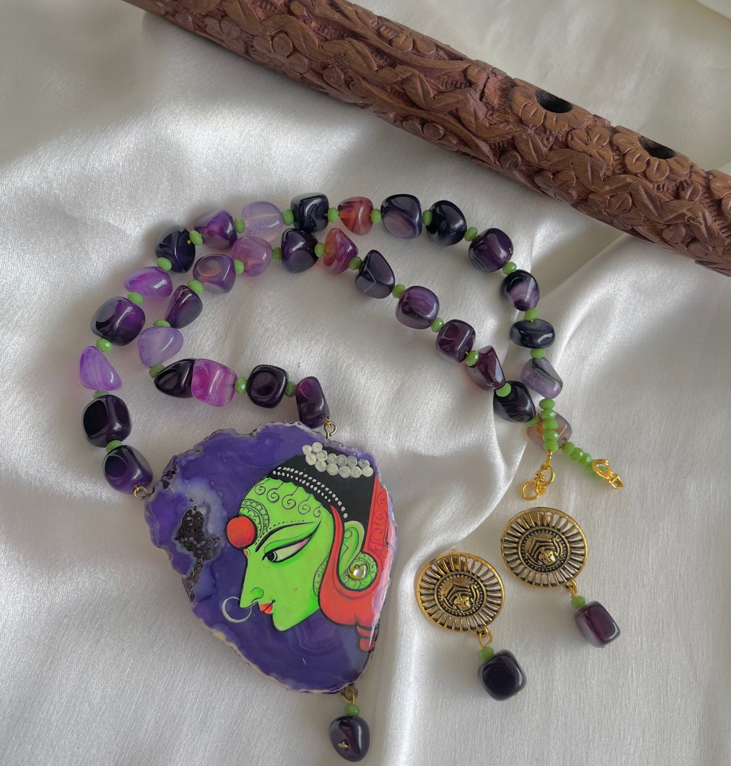 Antique purple Onyx beaded Hand painted agate pendant necklace set dj-42543