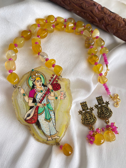 Antique Yellow Onyx beaded Ma Saraswathi Hand painted agate pendant necklace set dj-42546