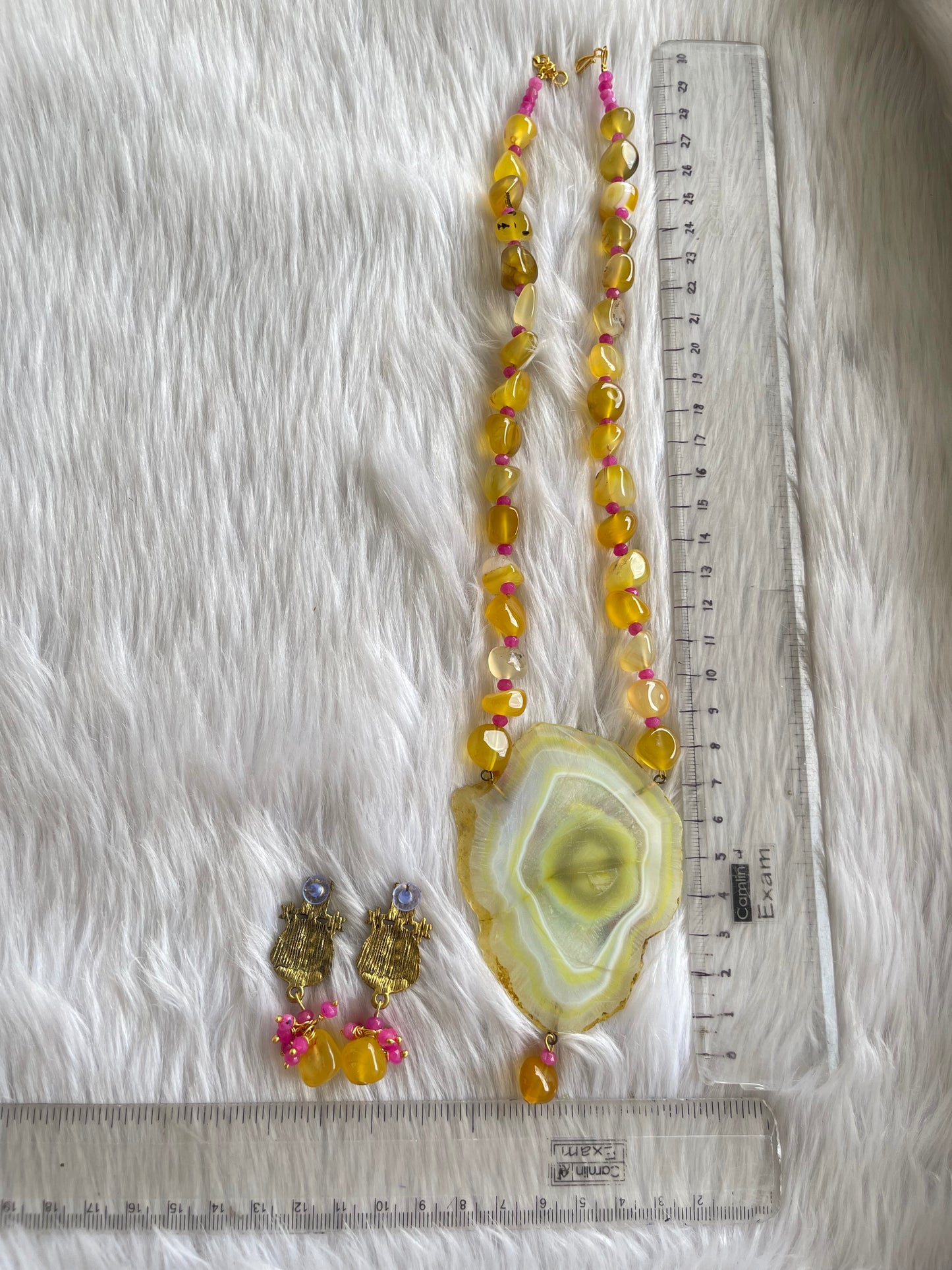 Antique Yellow Onyx beaded Ma Saraswathi Hand painted agate pendant necklace set dj-42546