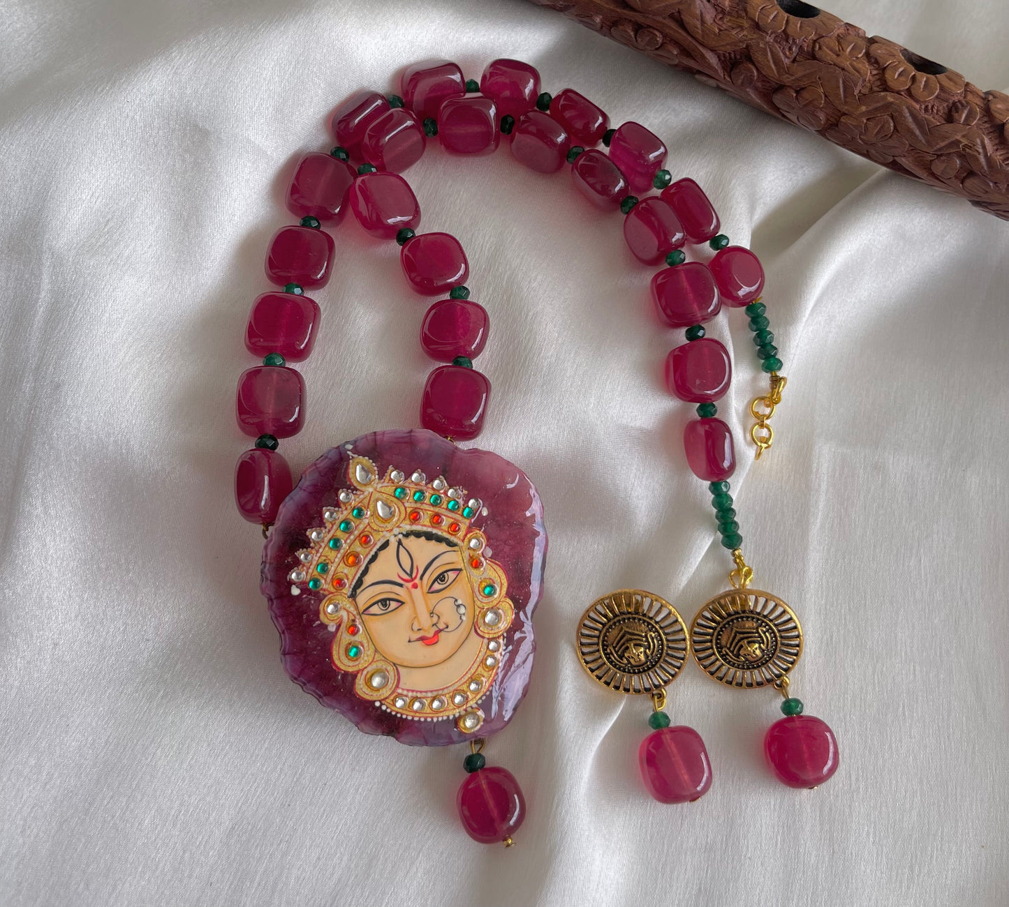Antique Magenta Pink Onyx beaded Ma Durga Hand painted agate pendant necklace set dj-42540