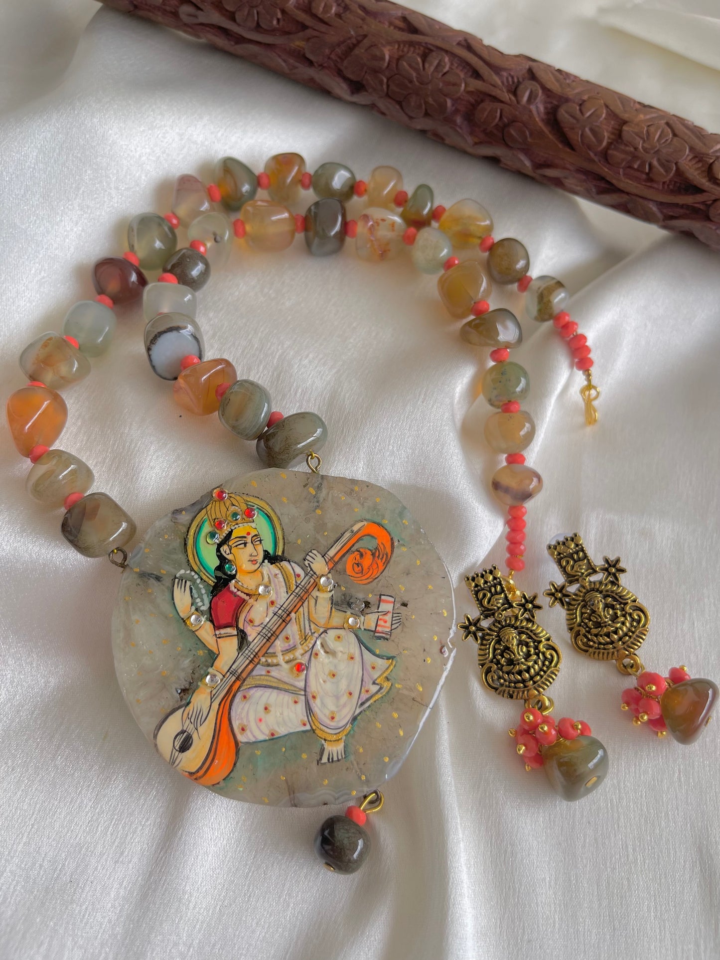 Antique Brown Onyx beaded Ma Saraswathi Hand painted agate pendant necklace set dj-42545