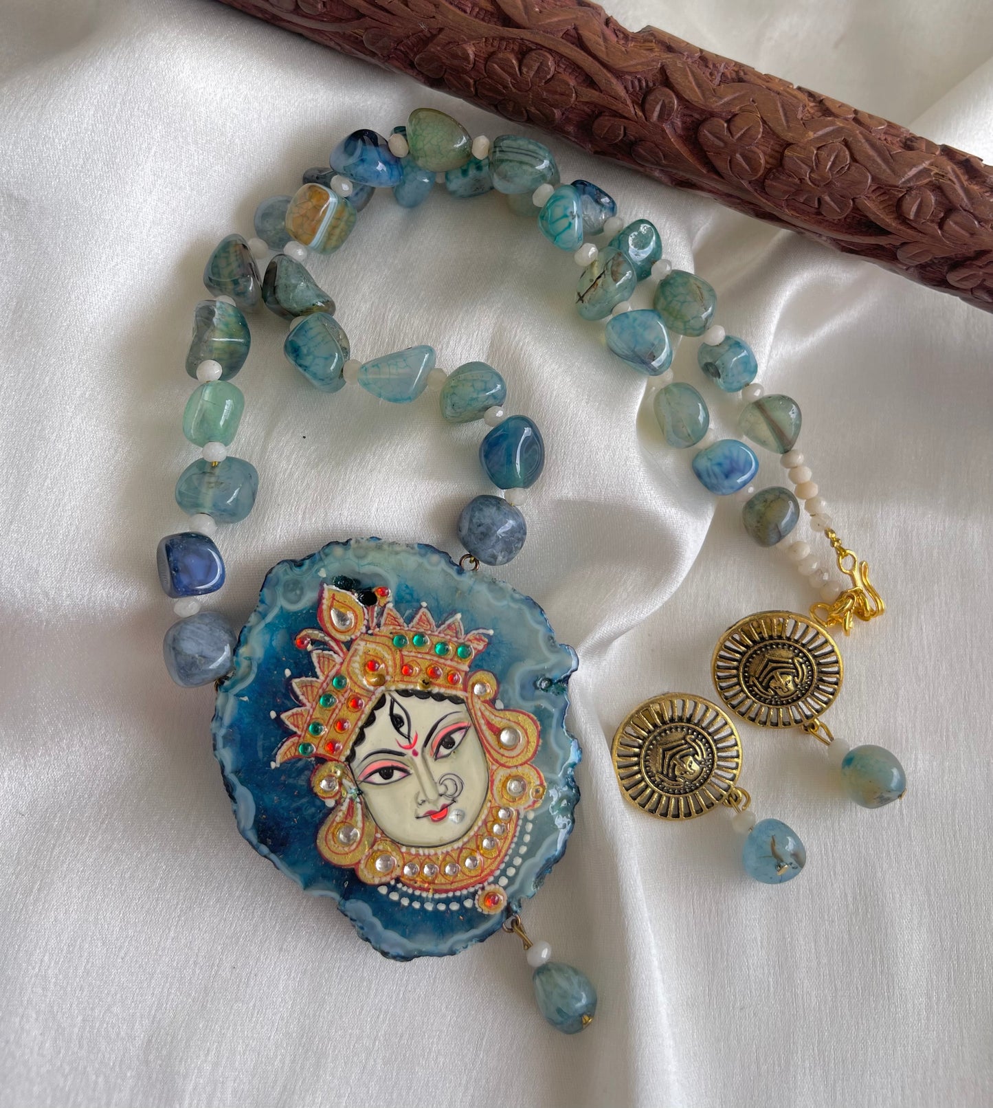 Antique Blue Onyx beaded Ma Durga Hand painted agate pendant necklace set dj-42539