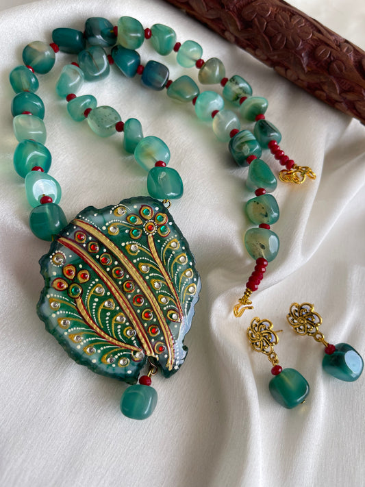 Antique Green Onyx beaded Meenakari work agate pendant necklace set dj-42537