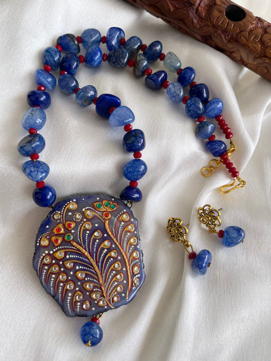 Antique Blue Onyx beaded Meenakari work agate pendant necklace set dj-42533