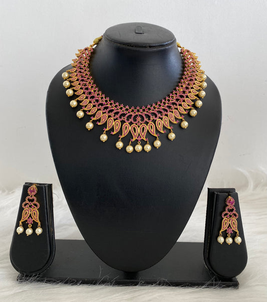 Gold plated cz-ruby mango pearl necklace set dj-07559