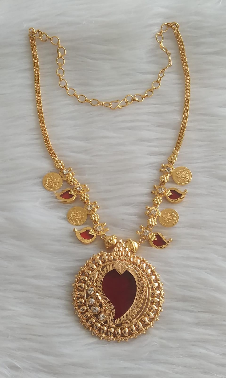 Gold tone red mango kerala design coin necklace dj-44666