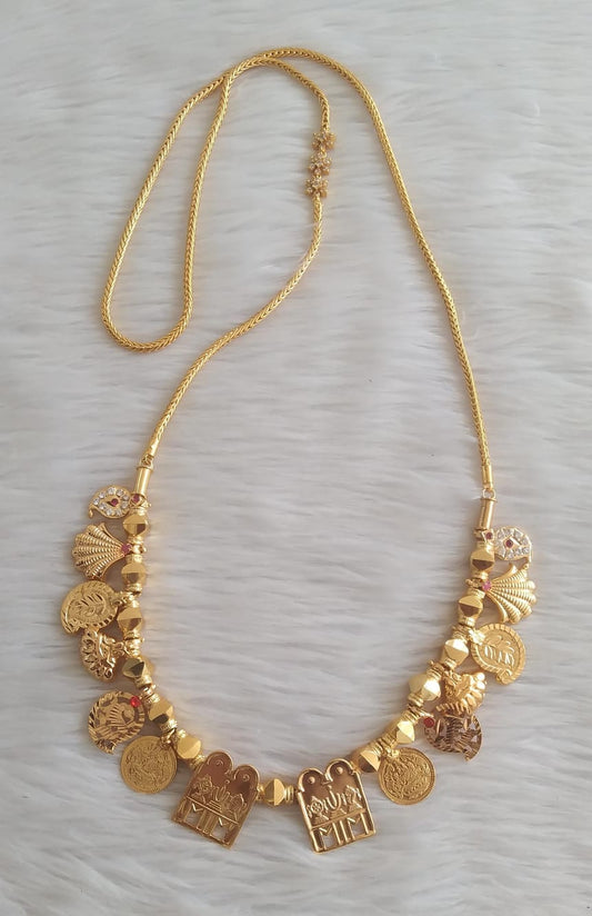 Gold tone 24 inches flower mugappu chain with ruby-white mango lakshmi coin shanku-chakra-nama mangalyam dj-45655