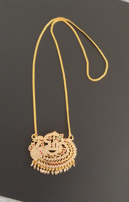 Gold tone chain with AD pink-green Om peacock pendant dj-52180