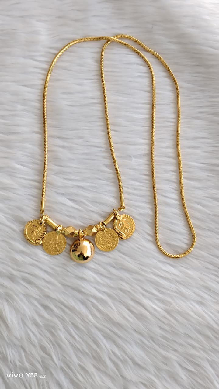 Gold tone bottu mangalayam with coin and mango addon in 30 inches chain dj-52584