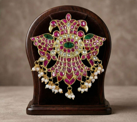 Gold tone pink-green-white kundan jadau ganda berunda pendant dj-52706