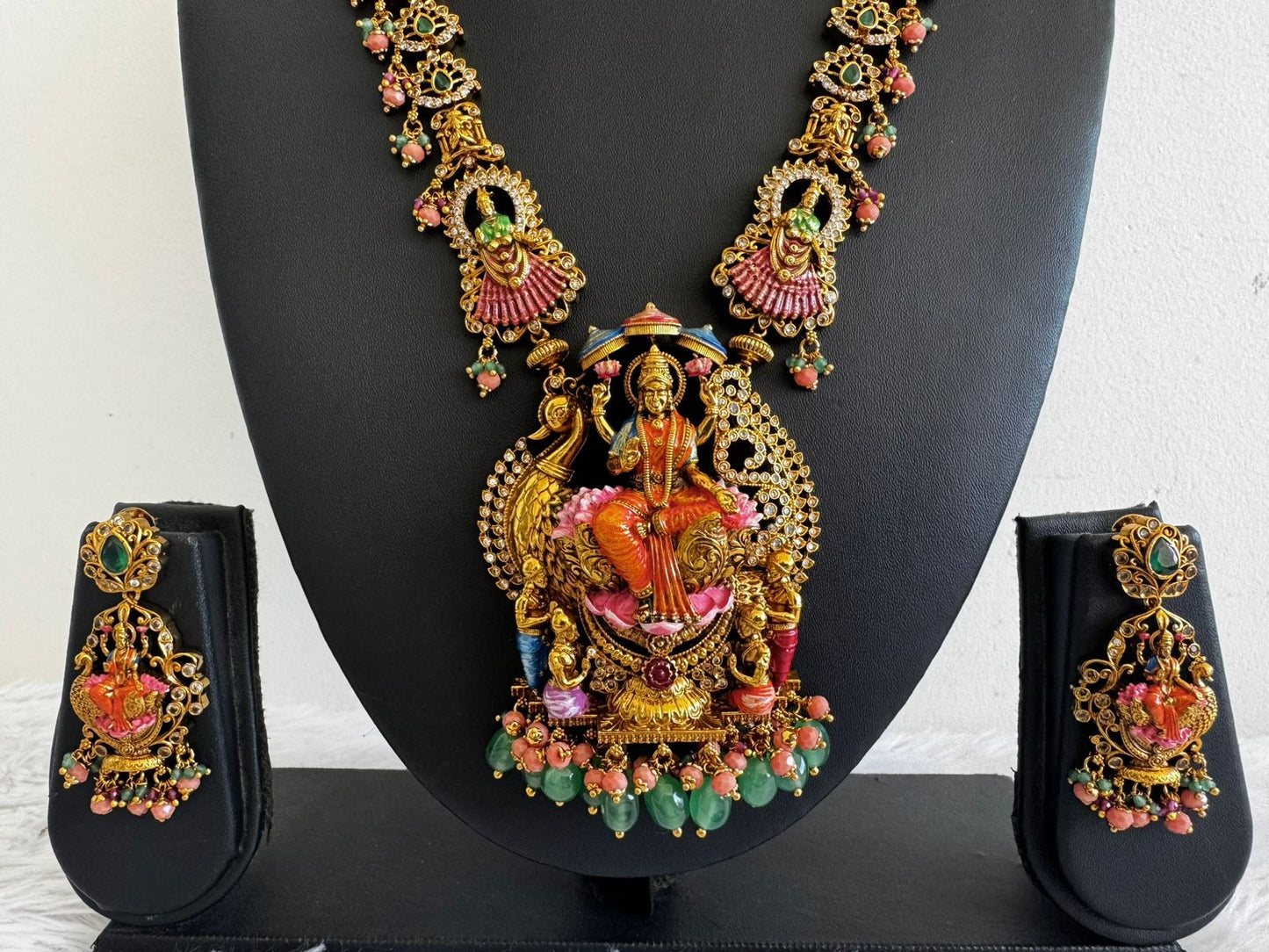 Matte finish pink-orange meenakari lakshmi haar set dj-52709