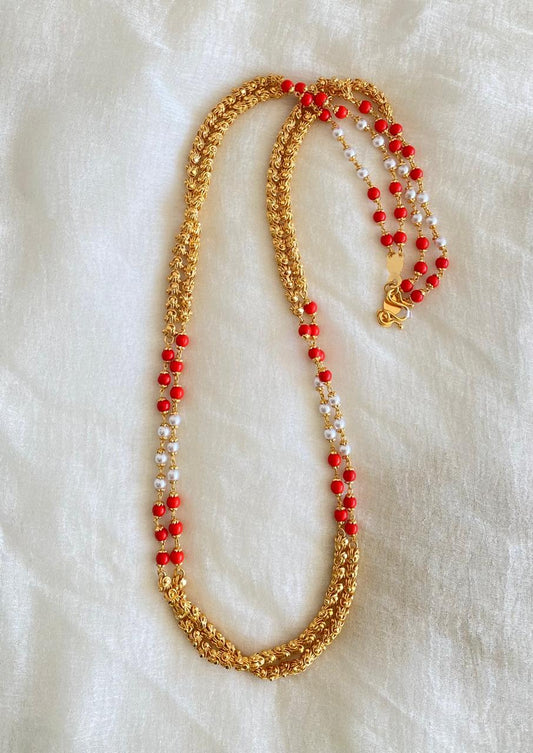 Gold tone 24 inches pearl-coral double layer chain dj-45532