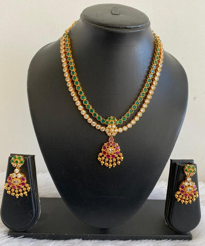 Matte finish green-white-pink double layer attigai/necklace set dj-52720
