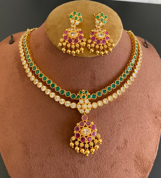 Matte finish green-white-pink double layer attigai/necklace set dj-52720