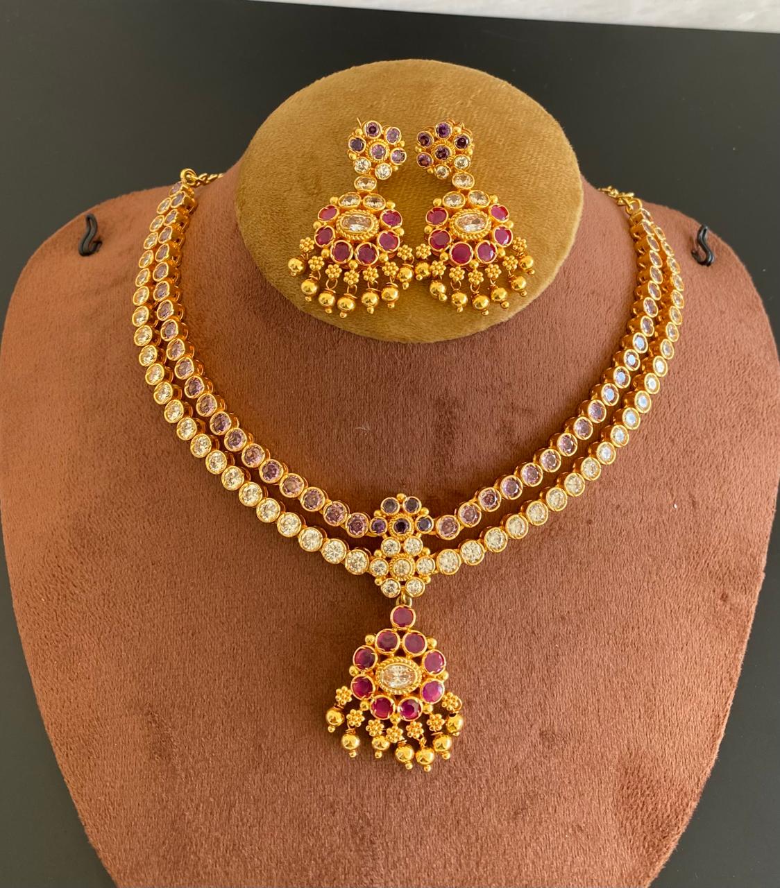 Matte finish pink-white-purple double layer attigai/necklace set dj-52721