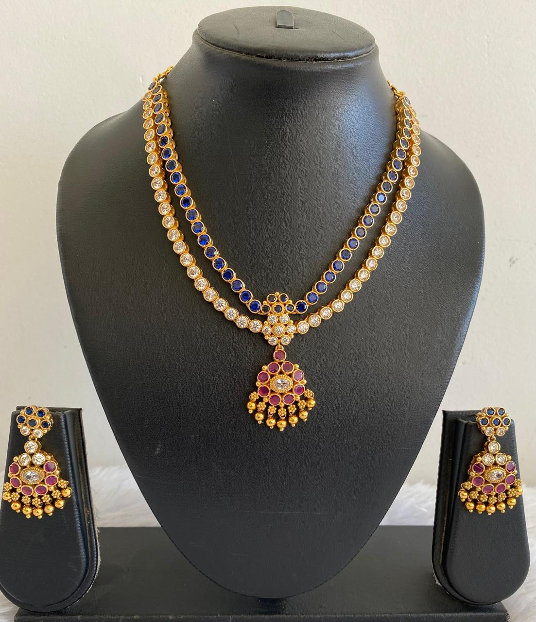 Matte finish blue-white-pink double layer attigai/necklace set dj-52722