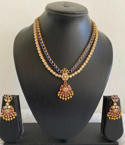 Matte finish blue-white-pink double layer attigai/necklace set dj-52722