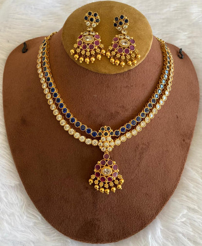 Matte finish blue-white-pink double layer attigai/necklace set dj-52722