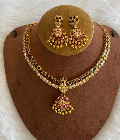 Matte finish black-white-pink double layer attigai/necklace set dj-52723