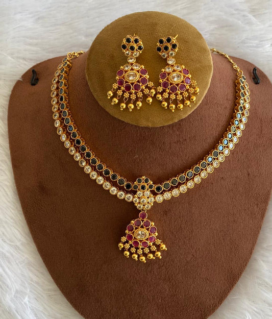 Matte finish black-white-pink double layer attigai/necklace set dj-52723