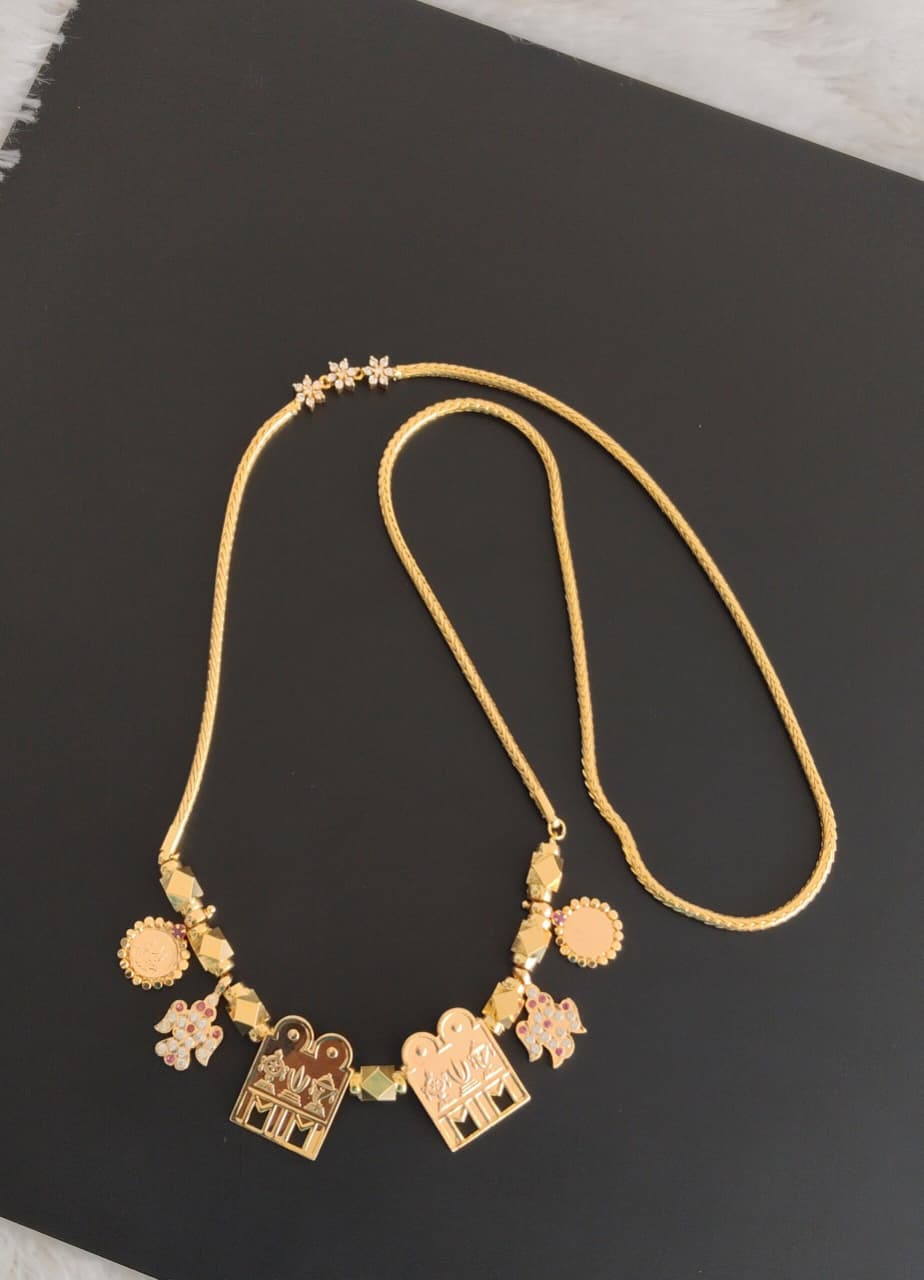 Gold tone 24 inches cz white flower mugappu chain with Thirumal Nama-shanku-chakra mangalyam dj-52725