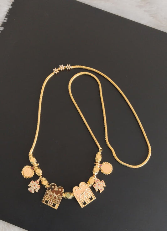Gold tone 24 inches cz white flower mugappu chain with Thirumal Nama-shanku-chakra mangalyam dj-52725