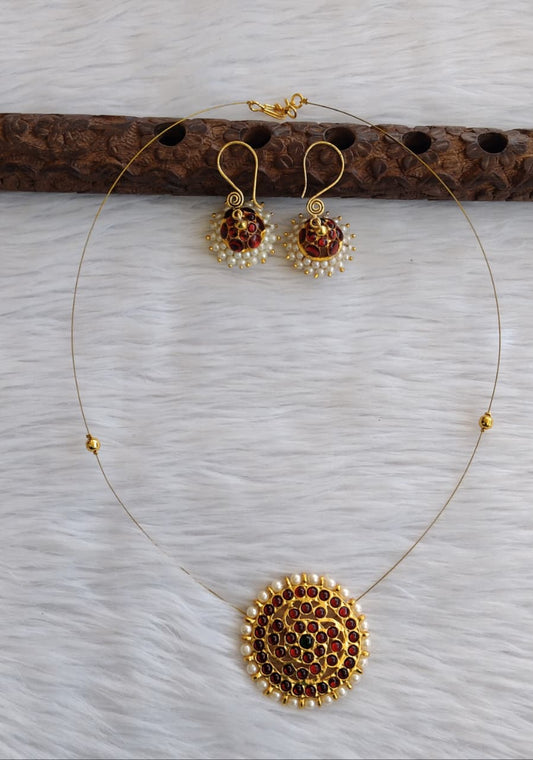 Gold tone kemp-green pearl round invisible necklace set dj-52747