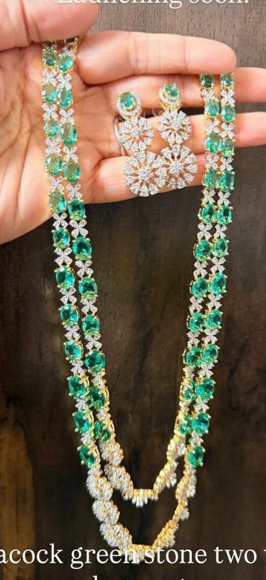 Two tone cz peacock green stone double layer short haar set dj-54411