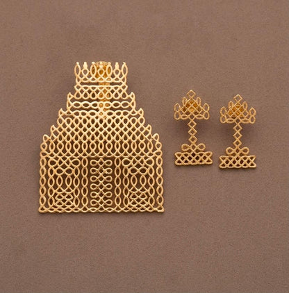 Gold tone temple rangoli pendant with earrings dj-54410