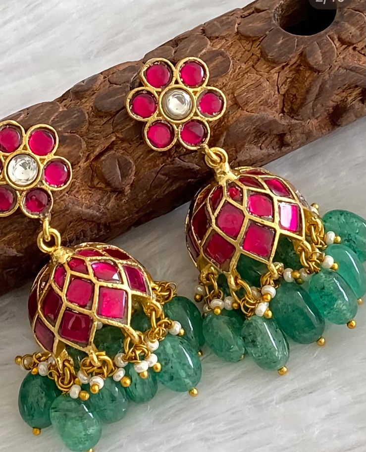 Gold tone pink-white stone kundan jadau jhumkka with golden beads dj-54582