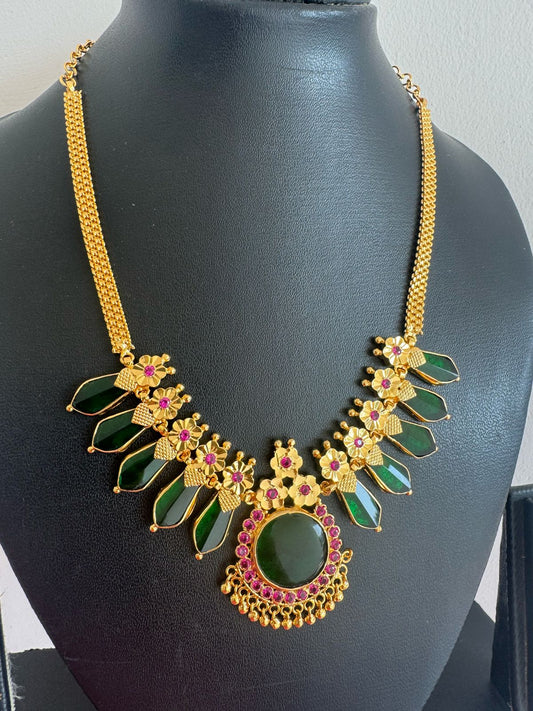 Gold tone AD stone green nagapadam Kerala style necklace dj-36396