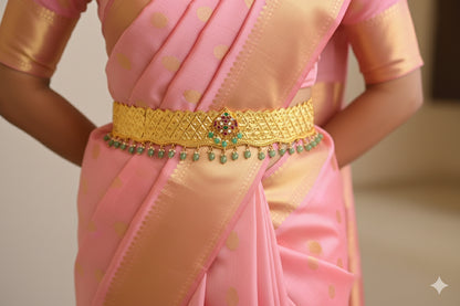 Gold tone pink-green-white kundan jadau flower waist band dj-52185