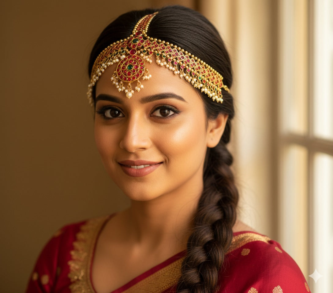 Antique gold tone kemp-green bridal maang tikka dj-12696