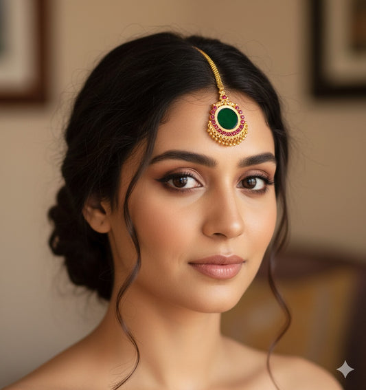 Gold tone green round Kerala style tikka dj-36407