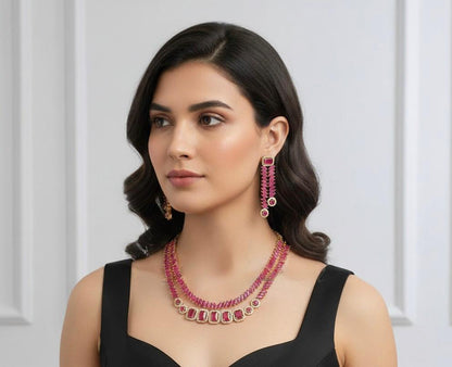 Gold tone Cz Ruby Double Layer Necklace Set DJ24539
