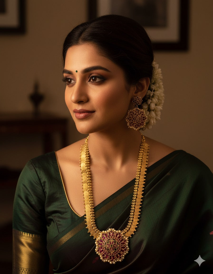 Matte Finish Real Kemp-green Lakshmi Coin flower Haar Set DJ32424