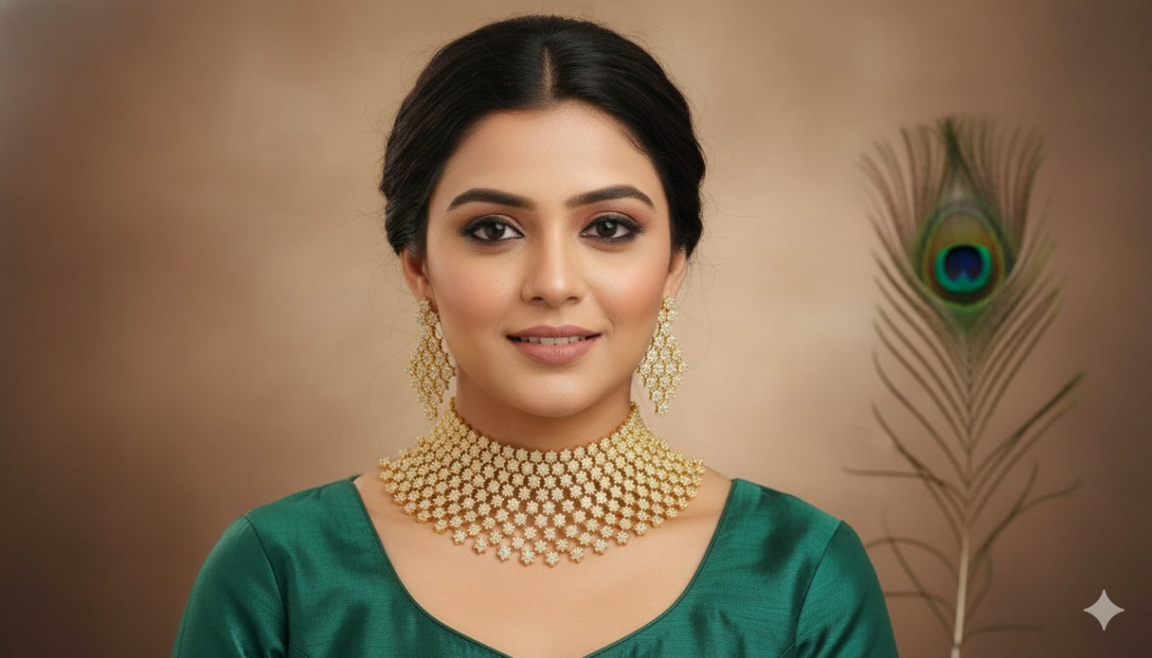 Gold Tone Cz White Nakshatra Choker Set DJ24316