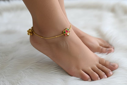 Gold tone pink-green-white lotus kundan jadau anklets dj-42967