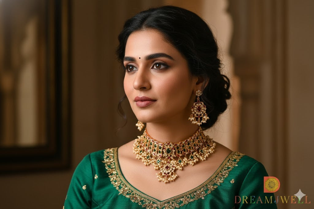 Matte Finish Cz Kemp-green pearl Choker Gutta pusalu Set dj-31025