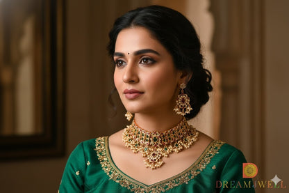 Matte Finish Cz Kemp-green pearl Choker Gutta pusalu Set dj-31025